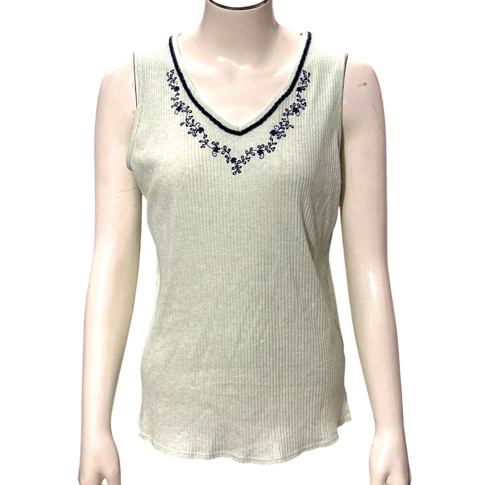 Adonna Lounge Set Green Ribbed Tank Top Shorts Navy Embroidery Size Large - Picture 2 of 16